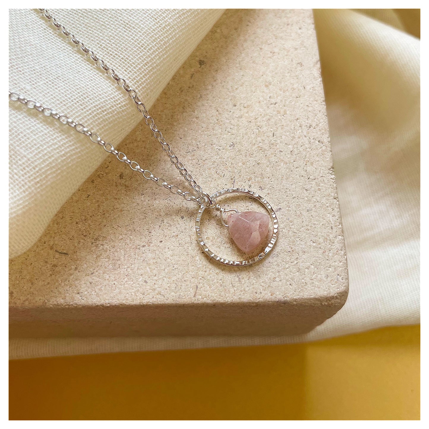 Mini Sterling Silver Hammered Circle and Peach Moonstone Trilliant Broilette Necklace.