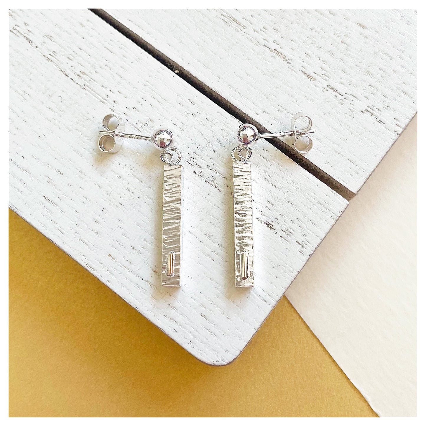 Sterling Silver and 9ct Gold Hammered Bar Drop Stud Earrings