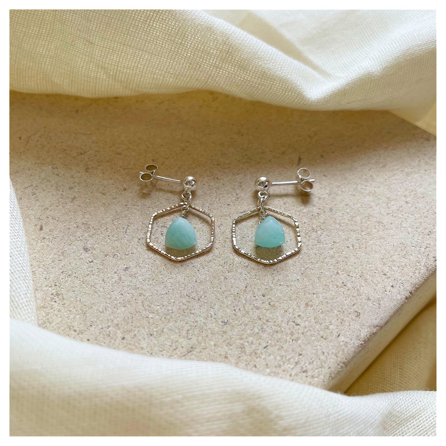 Mini 9ct Yellow Gold Hammered Hexagon, Sterling Silver and Green Amazonite Drop earrings