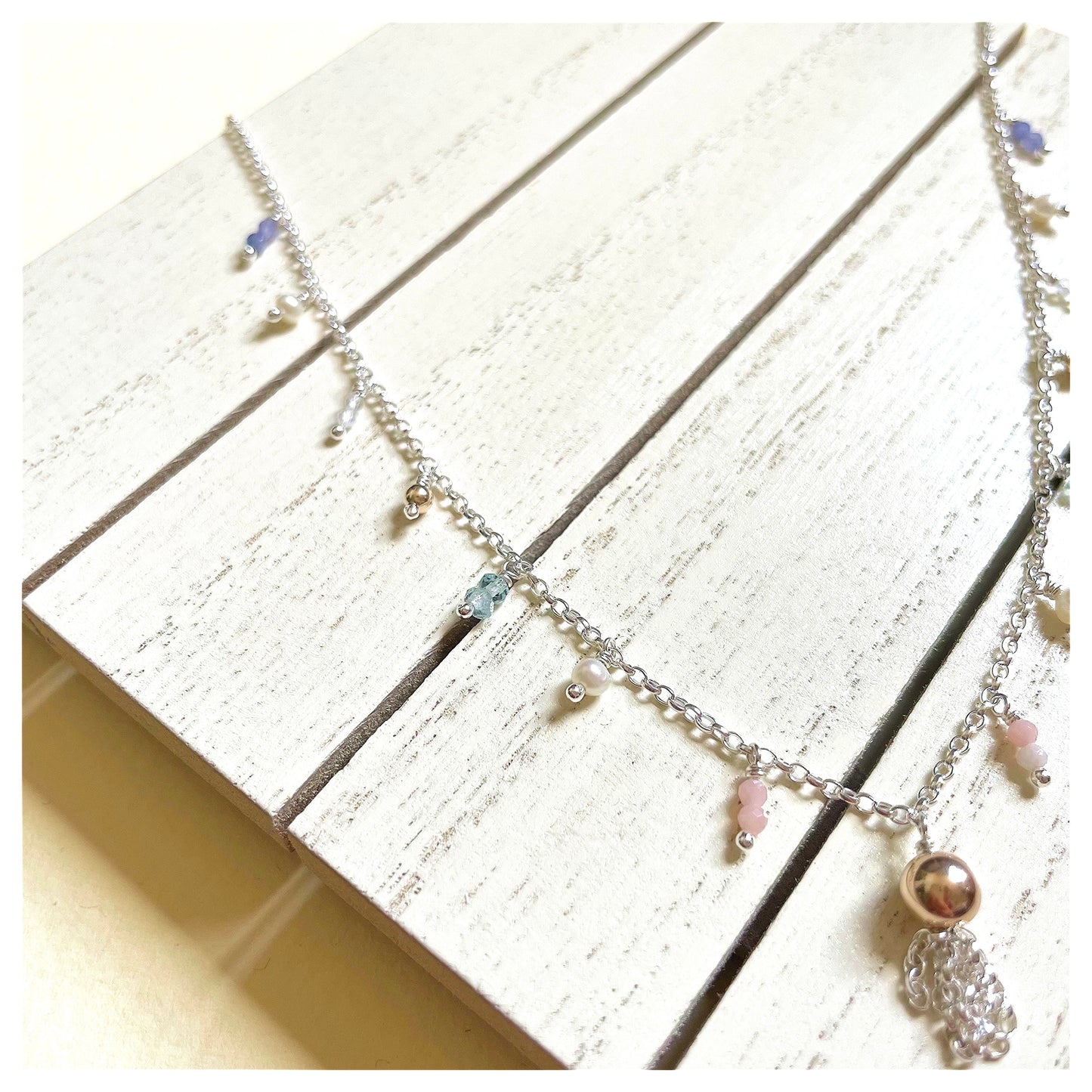 9ct Yellow Gold, Sterling Silver and Pastel Gemstone Mix Beaded Tassel Necklace.