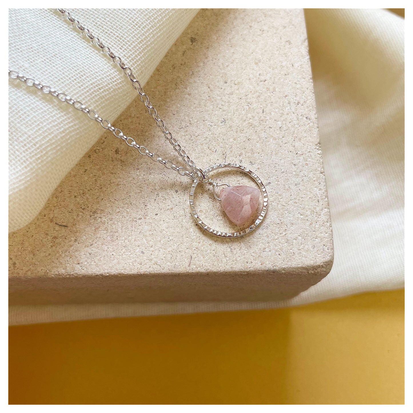 Mini Sterling Silver Hammered Circle and Peach Moonstone Trilliant Broilette Necklace.