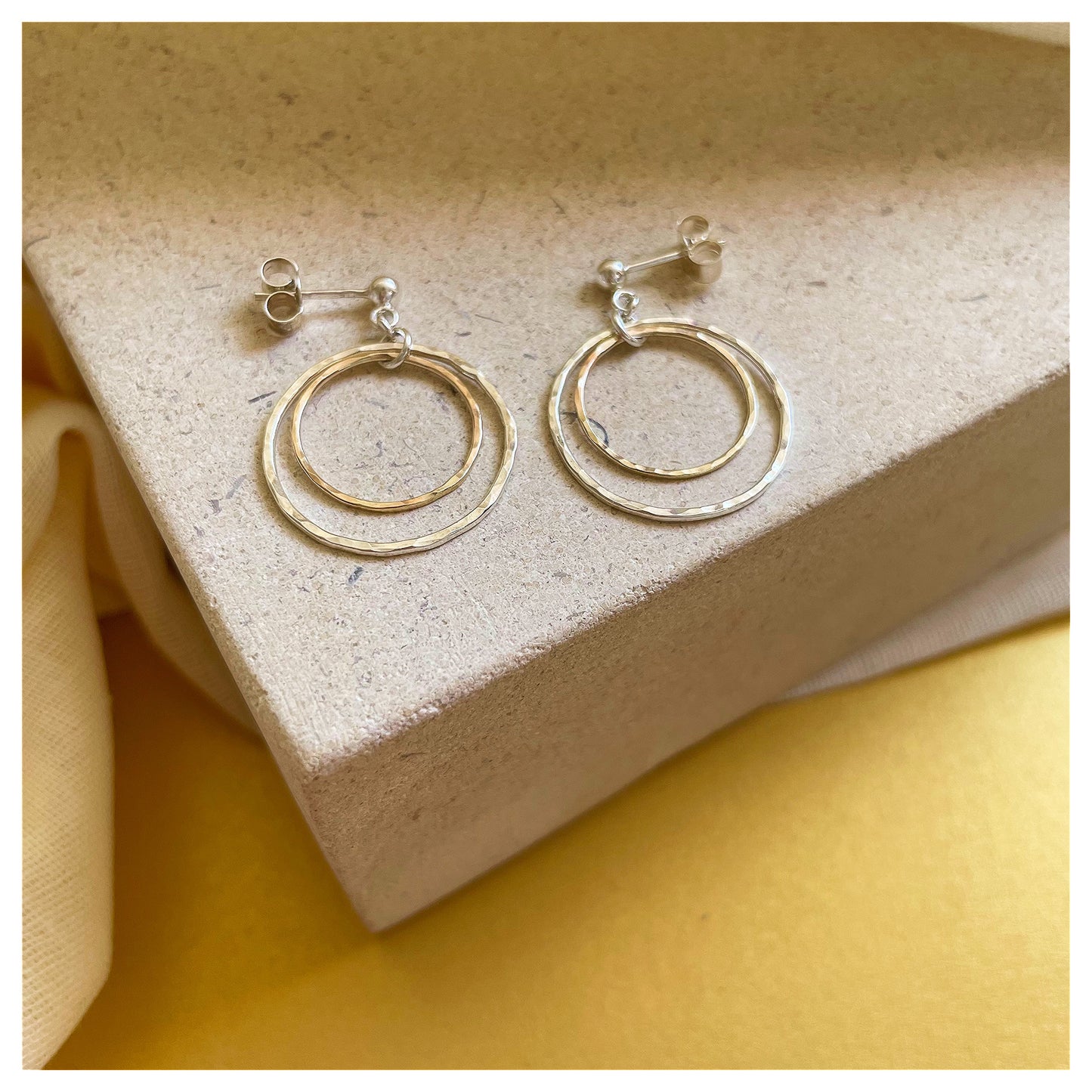 Sterling Silver and 9ct Gold Hammered Double Circle Drop Stud earrings.