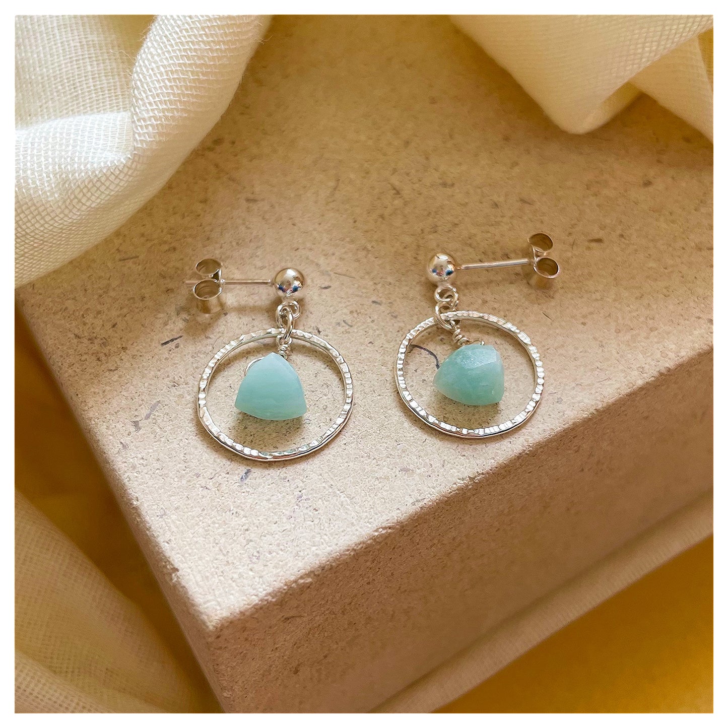 Mini Sterling Silver Hammered Circle and Green Amazonite Drop earrings