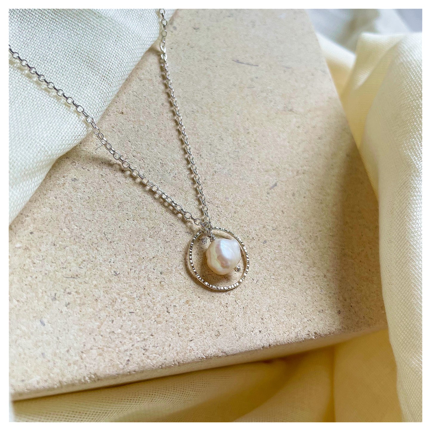 Mini 9ct Yellow Gold Hammered Circle, Sterling Silver and Fresh Water Pearl Necklace.