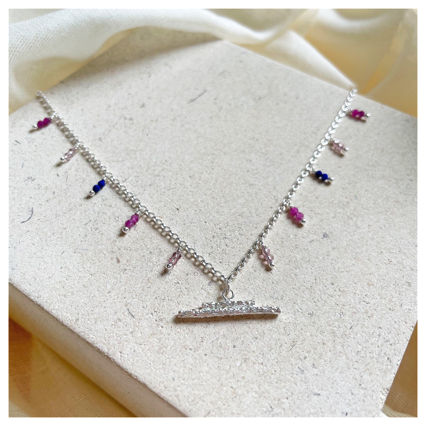 Sterling Silver and Gemstone Mix Beaded Organic T-Bar Necklace. (1)