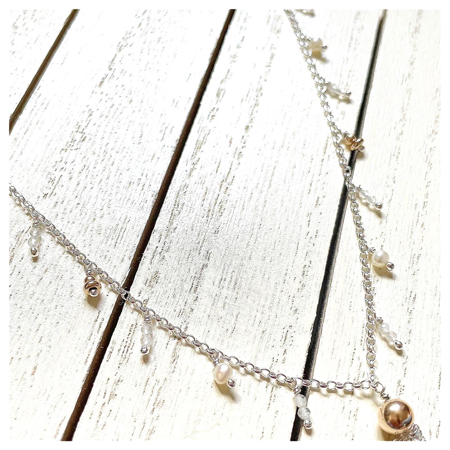9ct Yellow Gold, Sterling Silver, Freshwater Pearl and White Opal  Beaded Tassel Necklace.