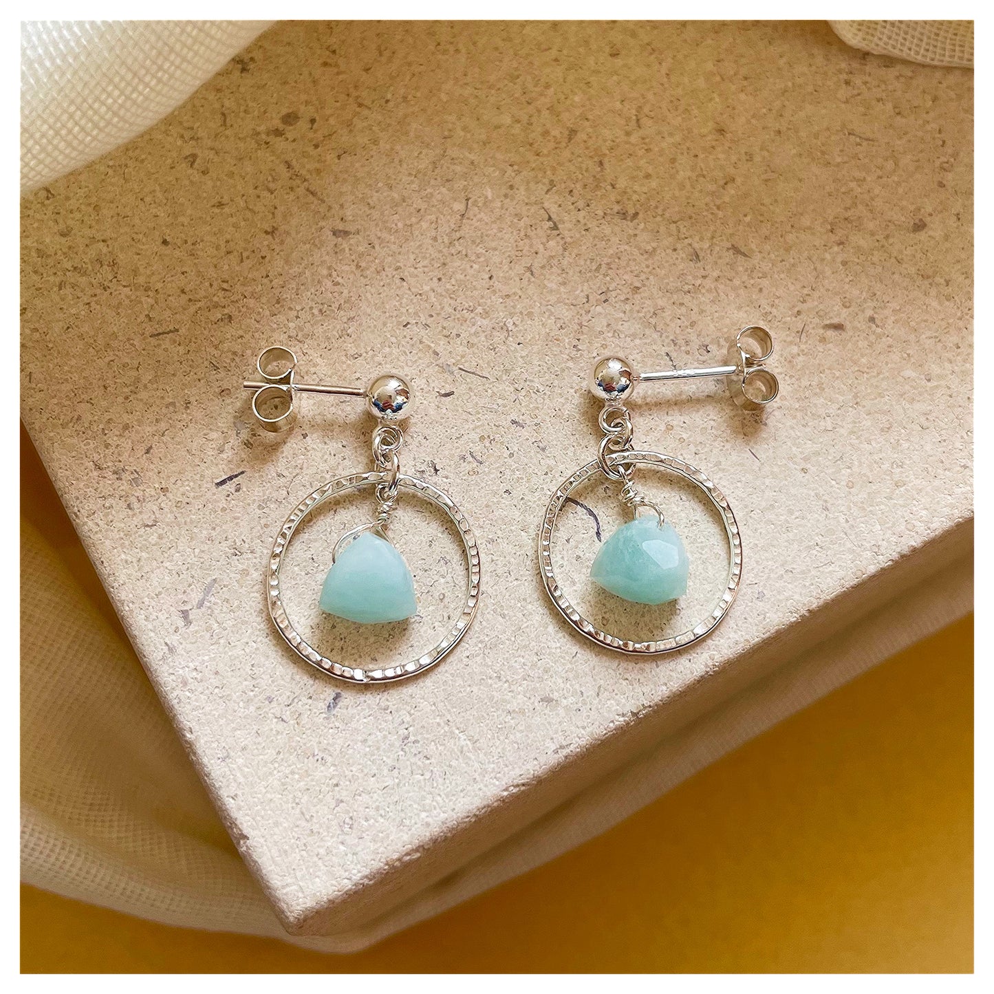 Mini Sterling Silver Hammered Circle and Green Amazonite Drop earrings