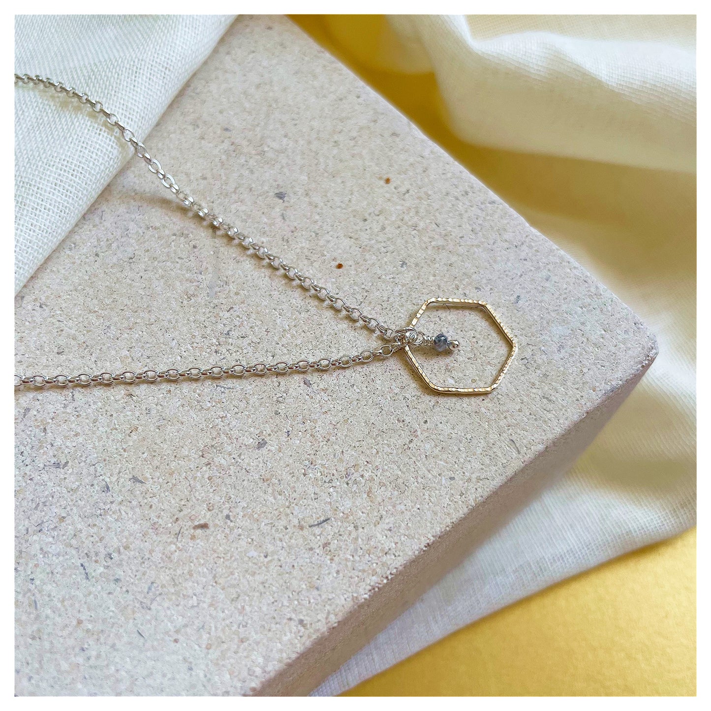 Mini 9ct Yellow Gold Hammered Hexagon, Sterling Silver and  Dark Grey Diamond Bead Necklace.