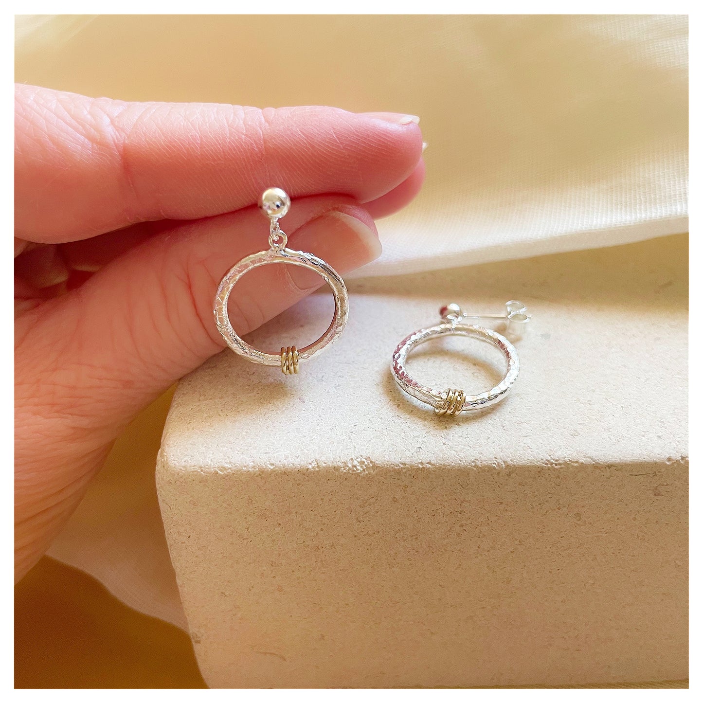 Sterling Silver Textured Circle With 9ct Gold Detail Drop Earrings.