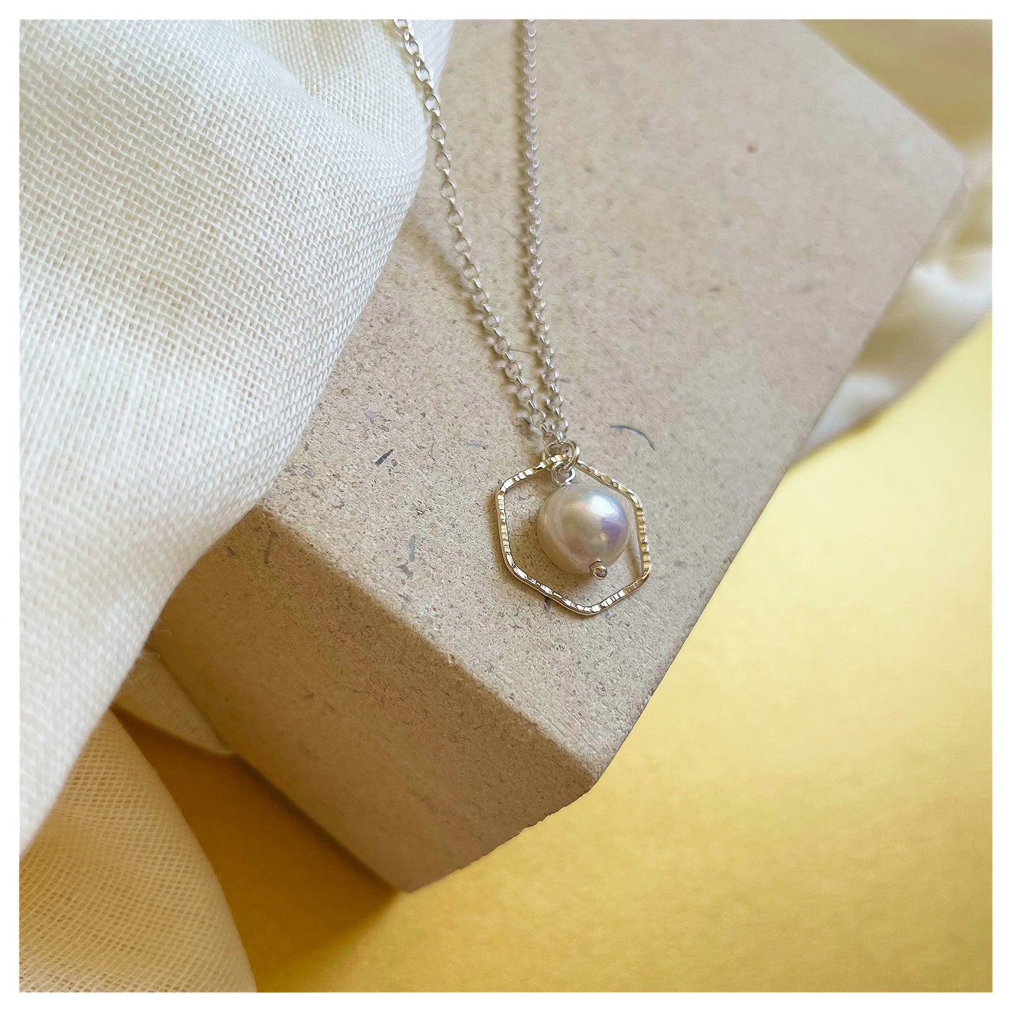 Mini 9ct Yellow Gold Hammered Hexagon, Sterling Silver and Fresh Water Pearl Necklace.