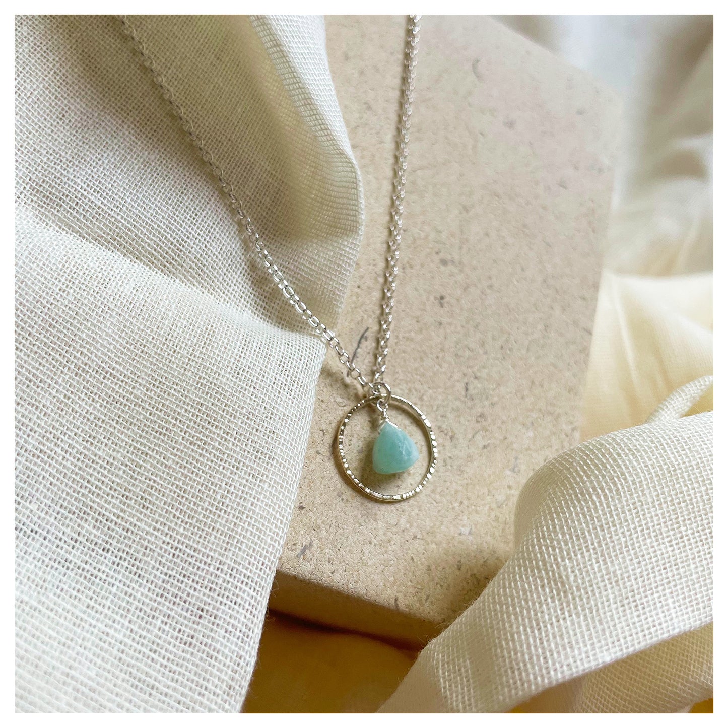 Mini 9ct Yellow Gold and Sterling Silver Hammered Circle and Green Amazonite Trilliant Broilette Necklace.