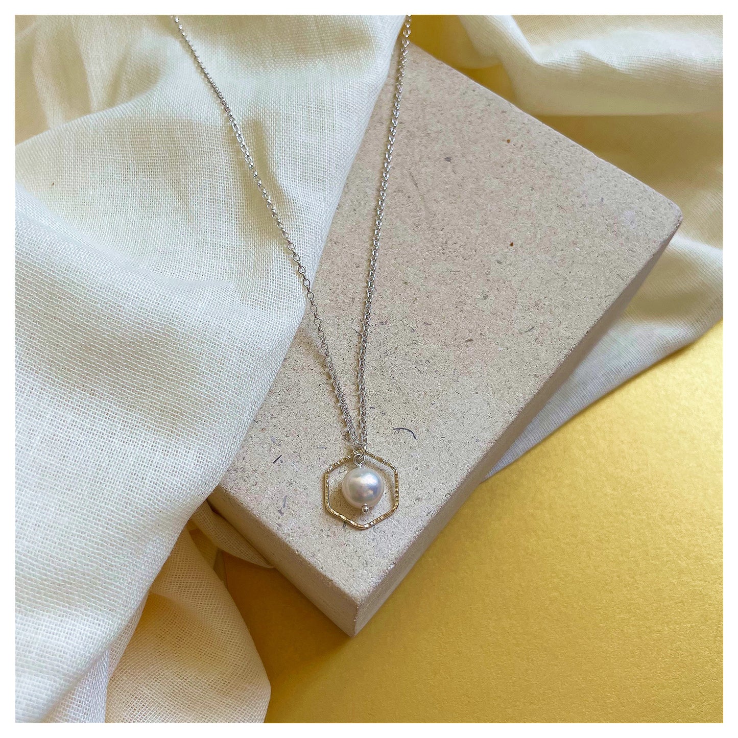 Mini 9ct Yellow Gold Hammered Hexagon, Sterling Silver and Fresh Water Pearl Necklace.