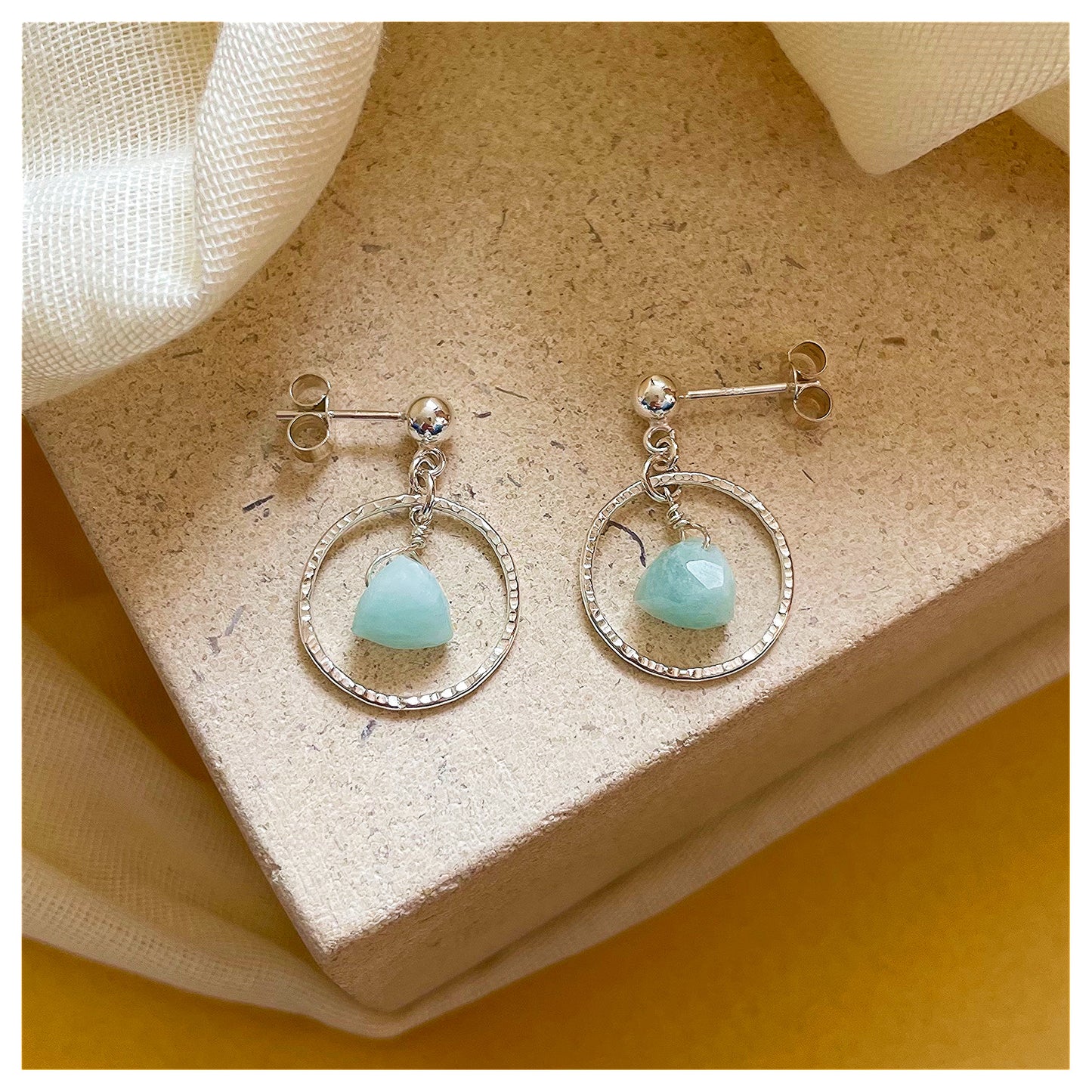 Mini Sterling Silver Hammered Circle and Green Amazonite Drop earrings