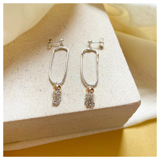 Long Organic Silver and 9ct Yellow Gold Tassel Drop Earrings.