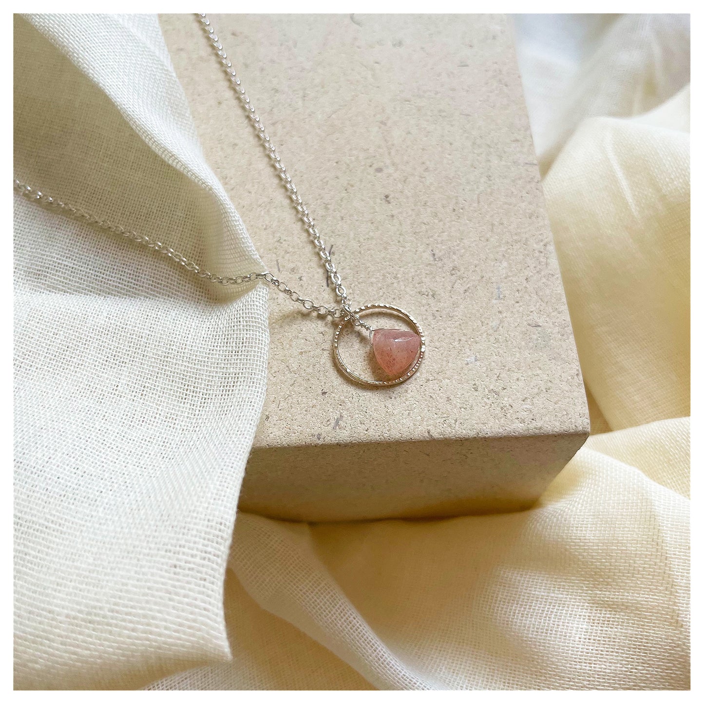 Mini 9ct Yellow Gold and Sterling Silver Hammered Circle and Peach Moonstone Trilliant Broilette Necklace.