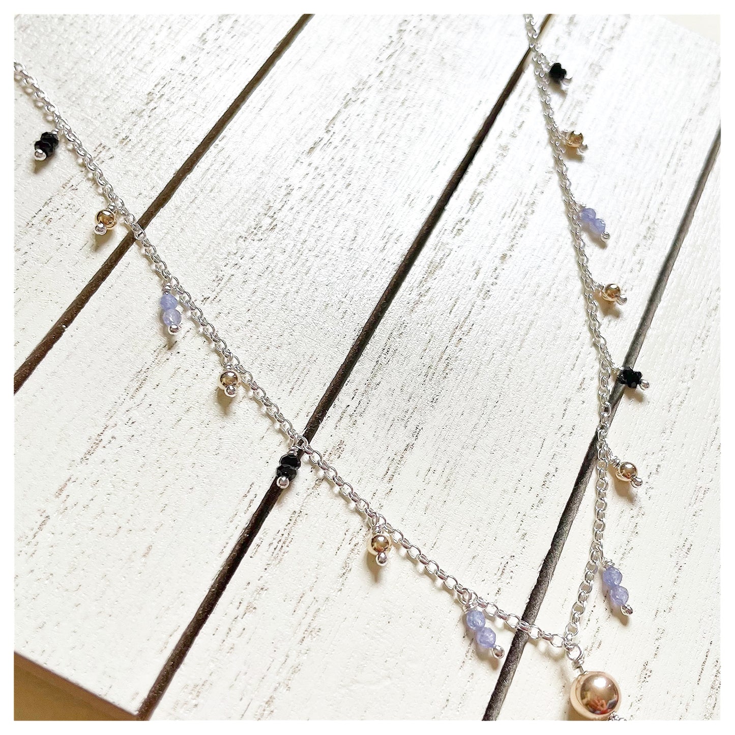 9ct Yellow Gold, Sterling Silver, Tanzanite and Black Spinel Beaded Tassel Necklace.