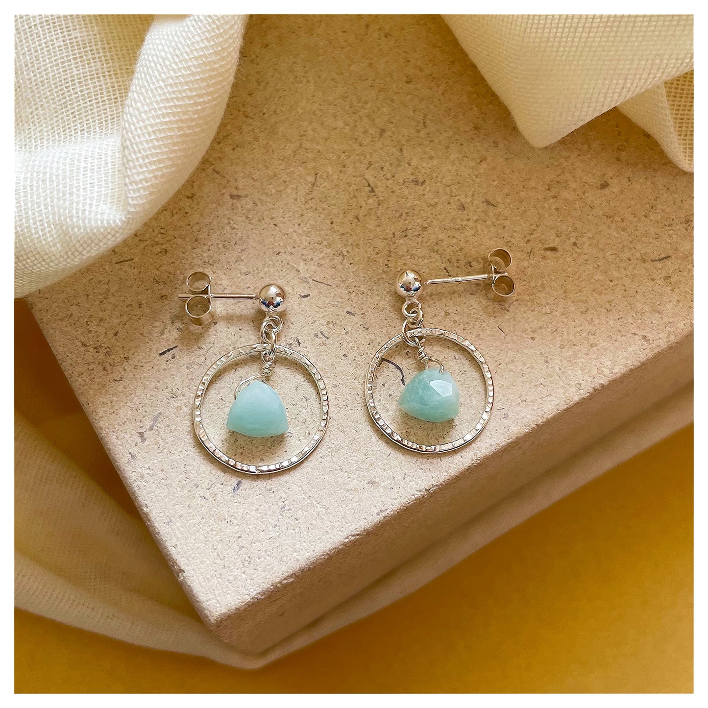 Mini Sterling Silver Hammered Circle and Green Amazonite Drop earrings