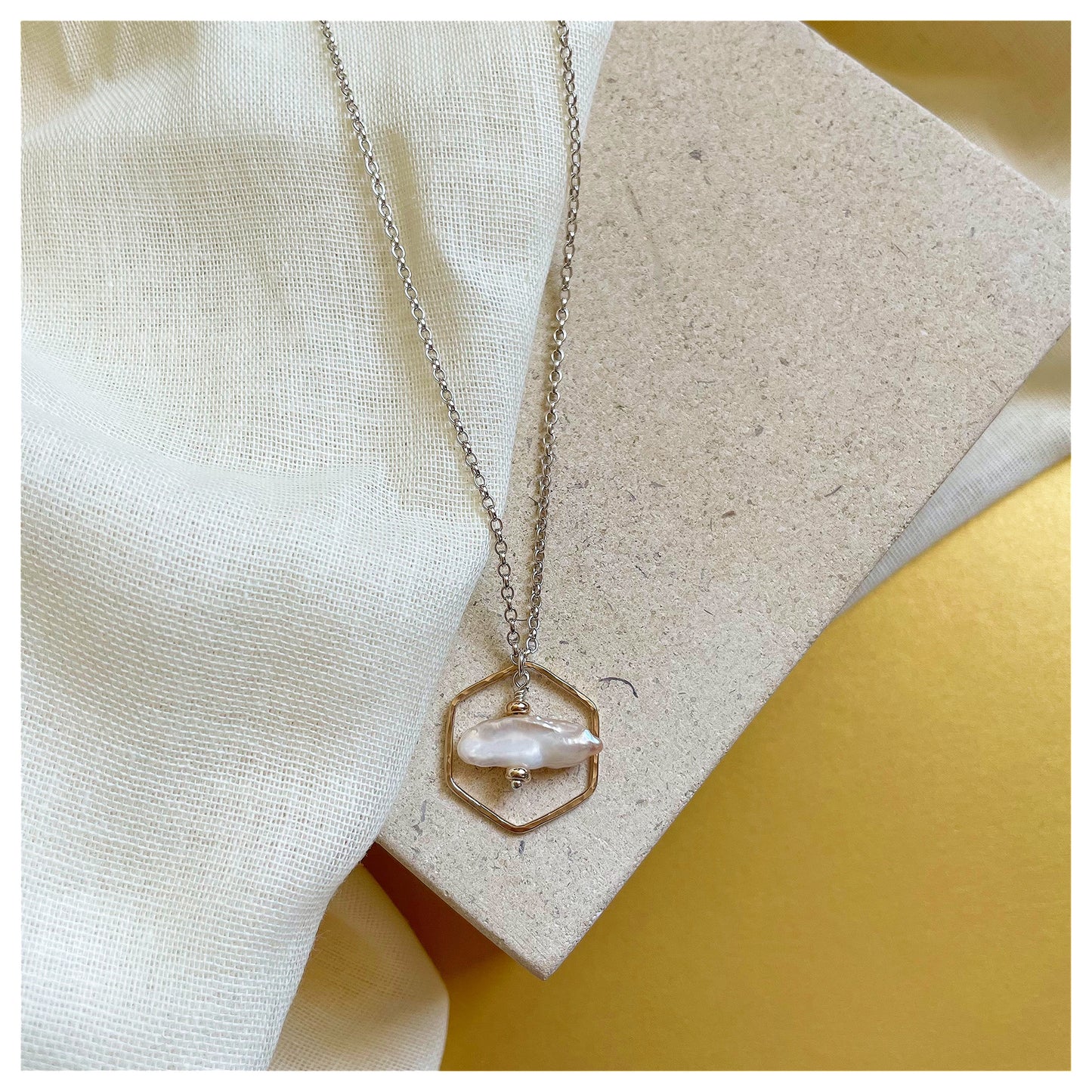 Medium 9ct Yellow Gold Hammered Hexagon, Sterling Silver and pearl Necklace.