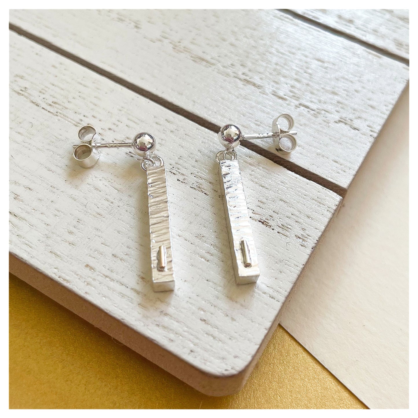 Sterling Silver and 9ct Gold Hammered Bar Drop Stud Earrings