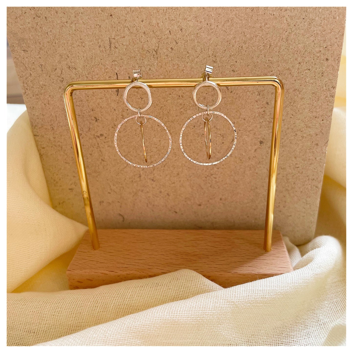 9ct Yellow Gold and Sterling Silver Double Hammered Circle Drop Stud earrings.