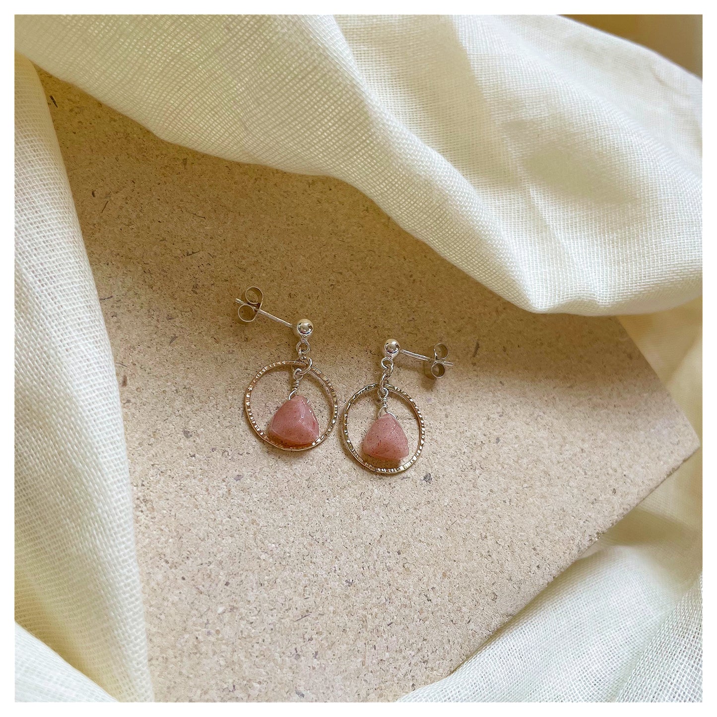 Mini 9ct Yellow Gold Hammered Circle, Sterling Silver and Peach Moonstone Drop earrings