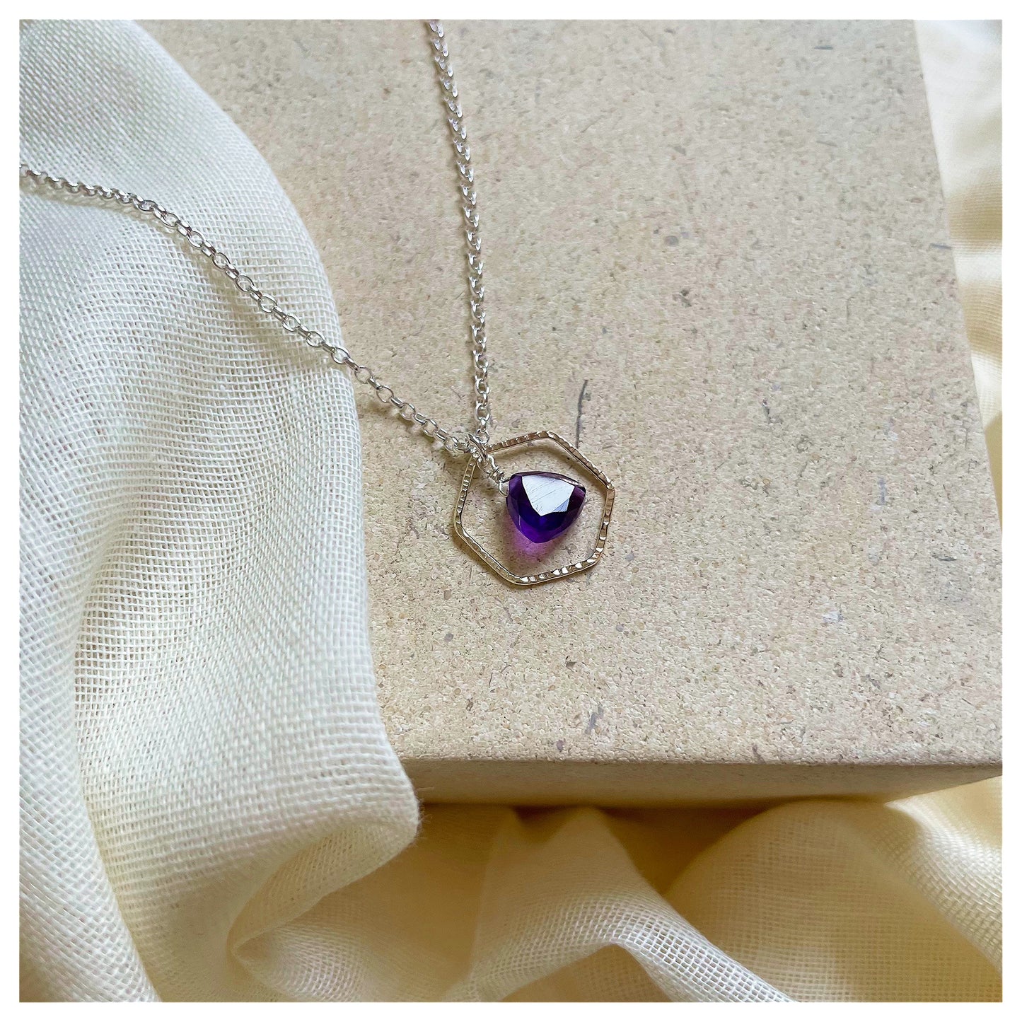 Mini 9ct Yellow Gold Hammered Hexagon Amethyst and Sterling Silver Necklace