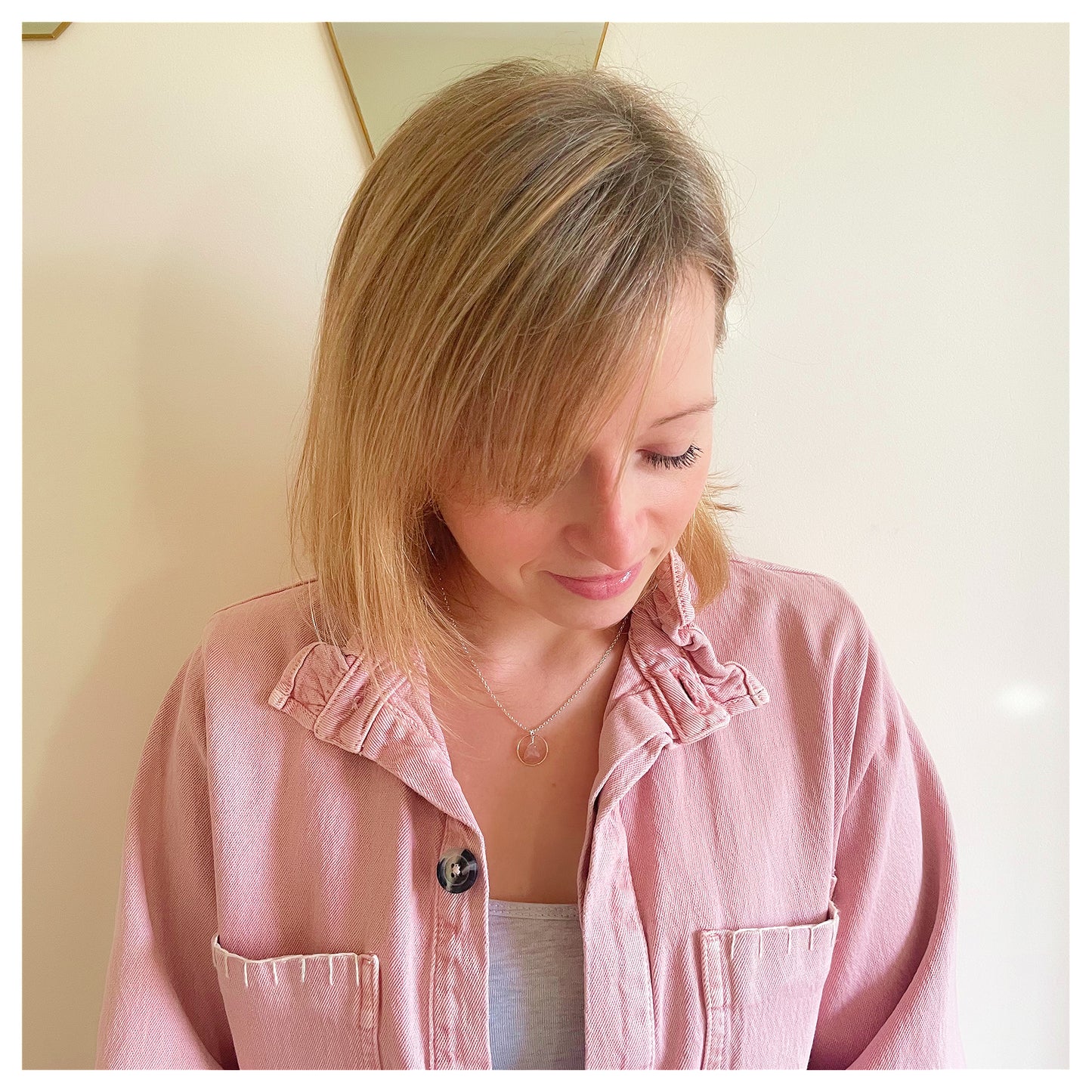 Mini Sterling Silver Hammered Circle and Peach Moonstone Trilliant Broilette Necklace.