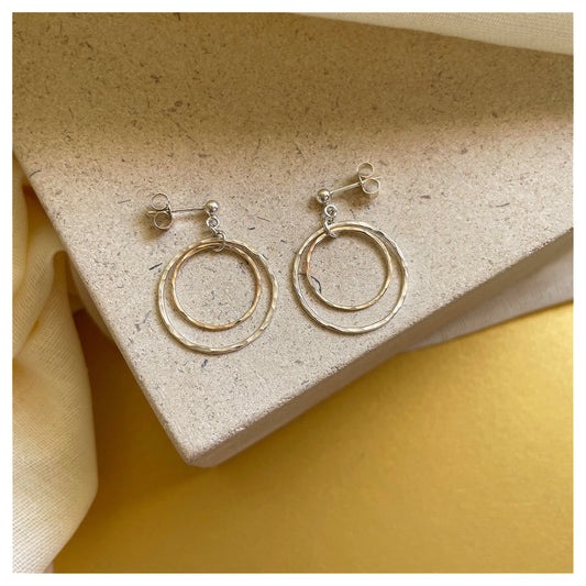 Sterling Silver and 9ct Gold Hammered Double Circle Drop Stud earrings.