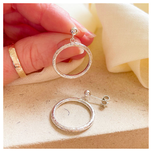 Sterling Silver Textured Circle Drop Stud earrings.