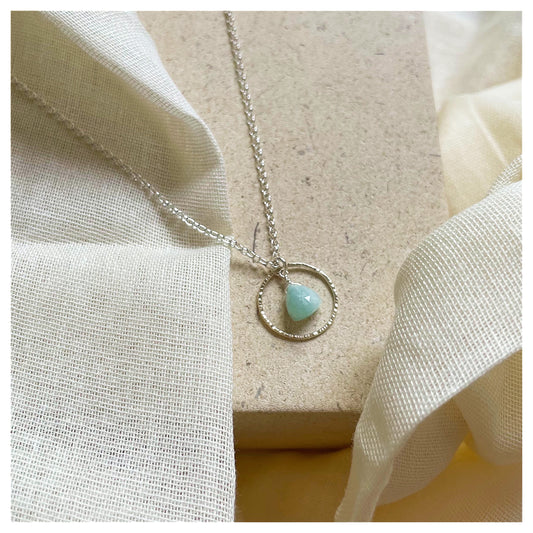 Mini 9ct Yellow Gold and Sterling Silver Hammered Circle and Green Amazonite Trilliant Broilette Necklace.