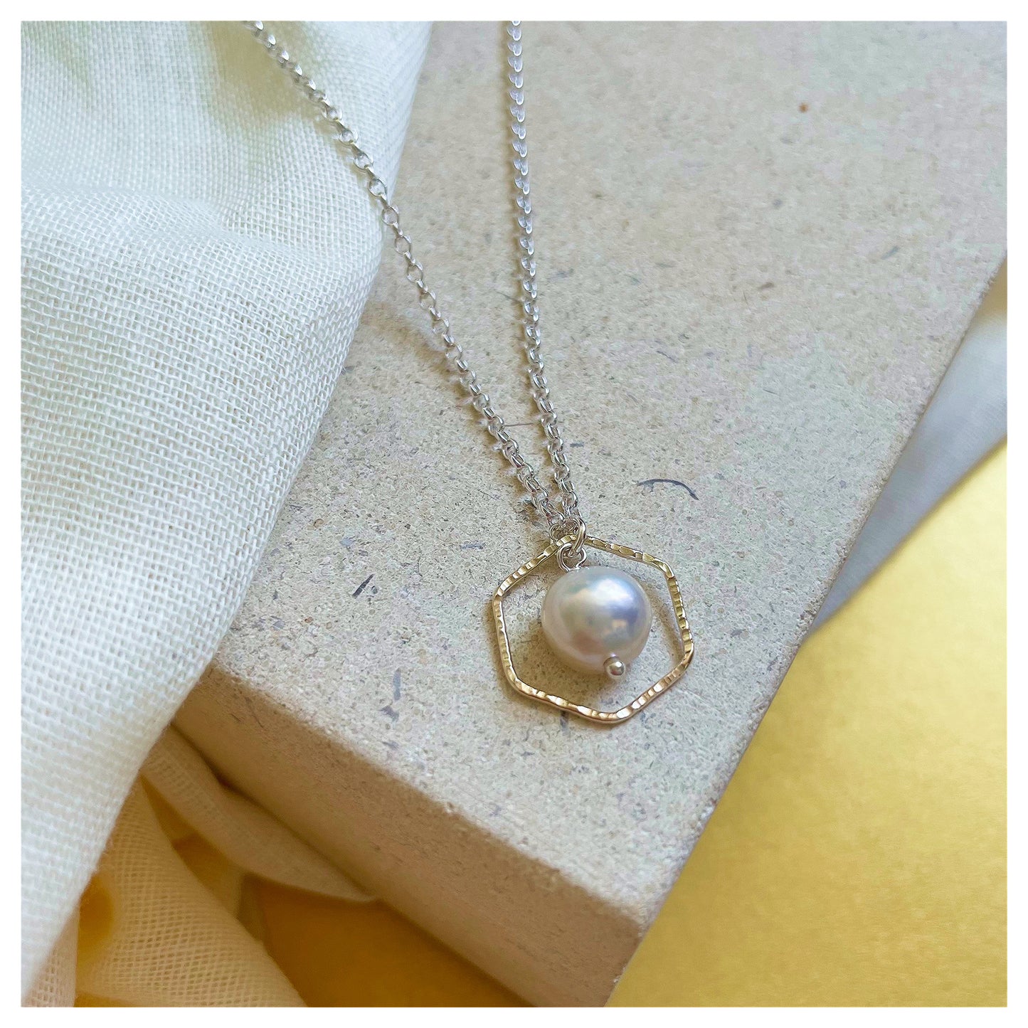 Mini 9ct Yellow Gold Hammered Hexagon, Sterling Silver and Fresh Water Pearl Necklace.