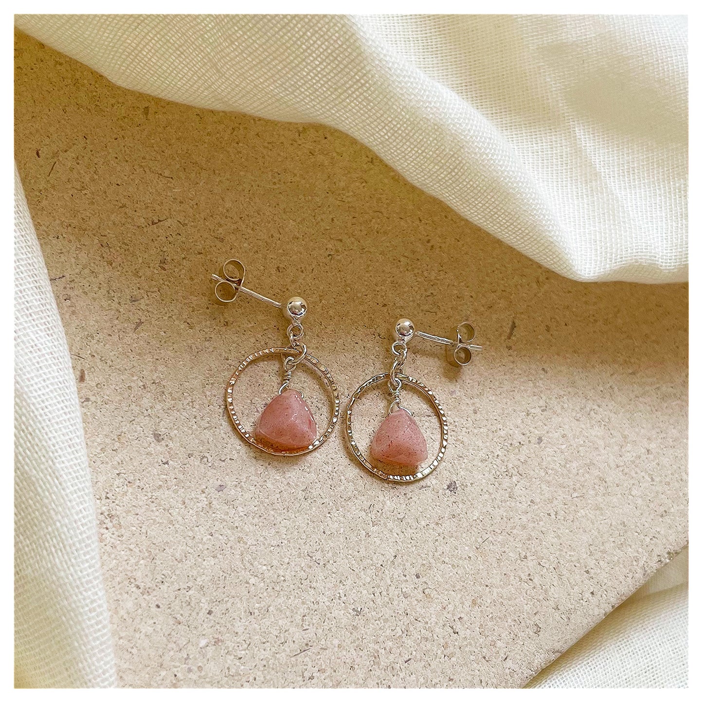 Mini 9ct Yellow Gold Hammered Circle, Sterling Silver and Peach Moonstone Drop earrings