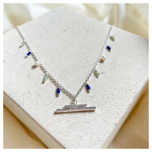 Sterling Silver and Gemstone Mix Beaded Organic T-Bar Necklace. (3)