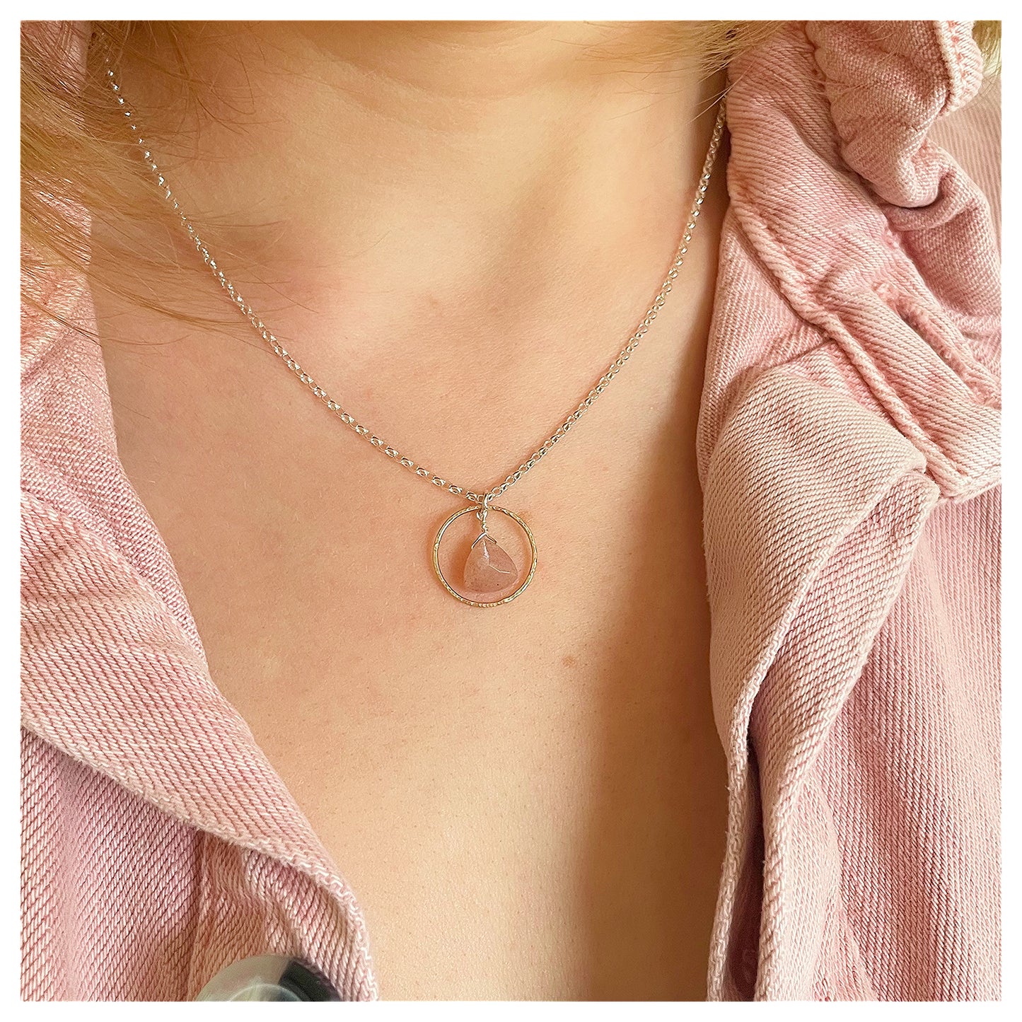 Mini Sterling Silver Hammered Circle and Peach Moonstone Trilliant Broilette Necklace.