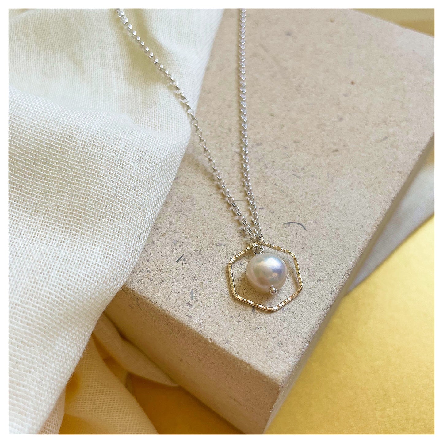 Mini 9ct Yellow Gold Hammered Hexagon, Sterling Silver and Fresh Water Pearl Necklace.