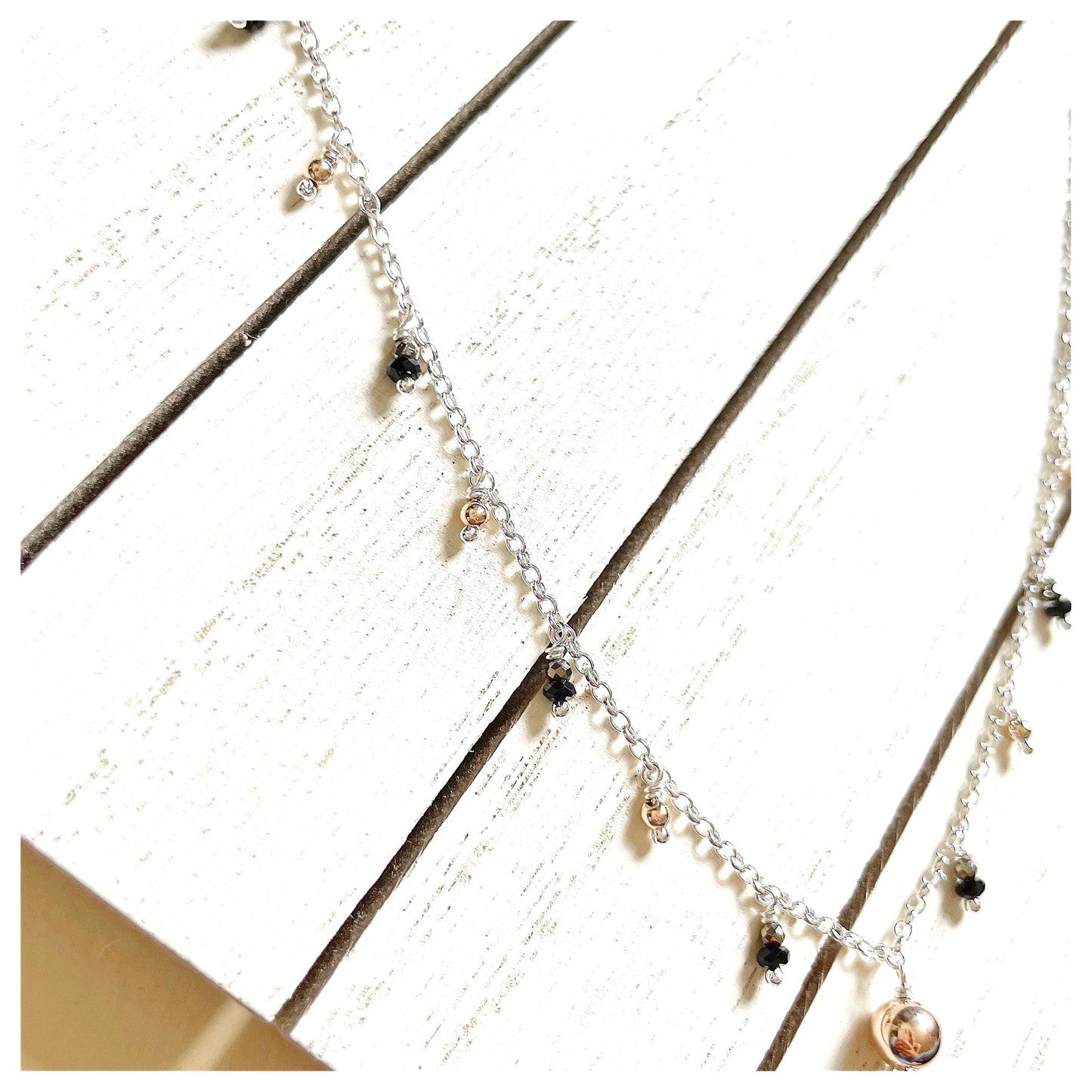 9ct Yellow Gold, Sterling Silver Black Spinel and Pyrite Beaded Tassel Necklace.