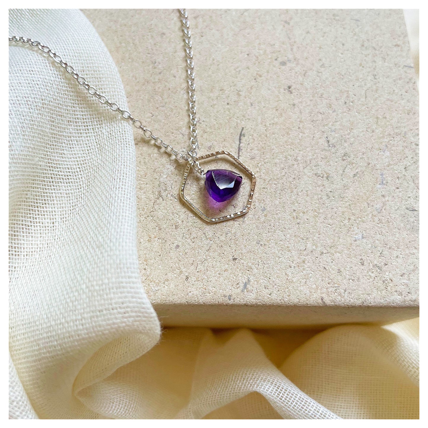 Mini 9ct Yellow Gold Hammered Hexagon Amethyst and Sterling Silver Necklace