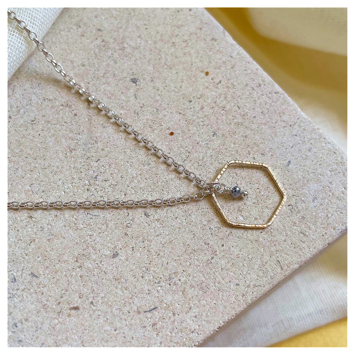 Mini 9ct Yellow Gold Hammered Hexagon, Sterling Silver and  Dark Grey Diamond Bead Necklace.