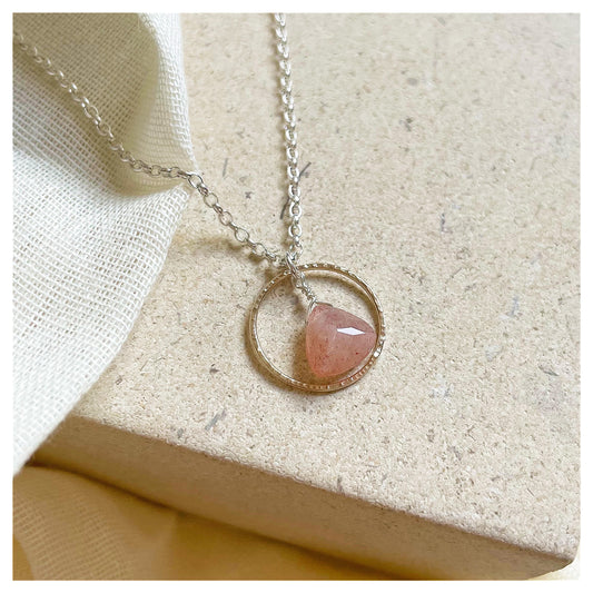 Mini 9ct Yellow Gold and Sterling Silver Hammered Circle and Peach Moonstone Trilliant Broilette Necklace.