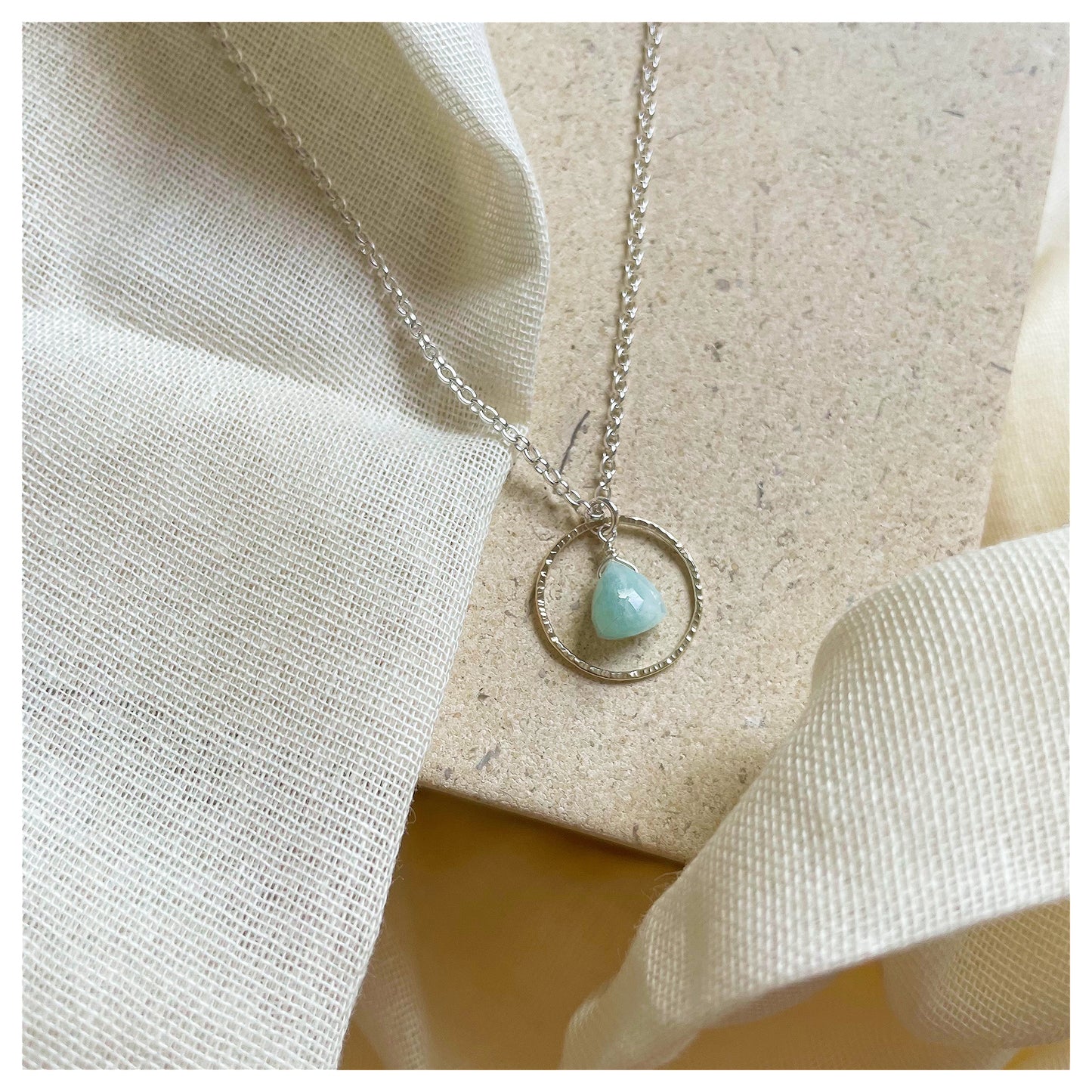 Mini 9ct Yellow Gold and Sterling Silver Hammered Circle and Green Amazonite Trilliant Broilette Necklace.