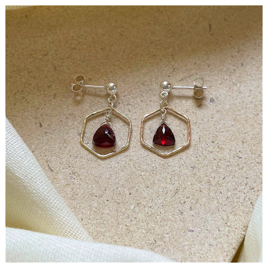 Mini 9ct Yellow Gold Hammered Hexagon, Sterling Silver and Garnet Drop earrings