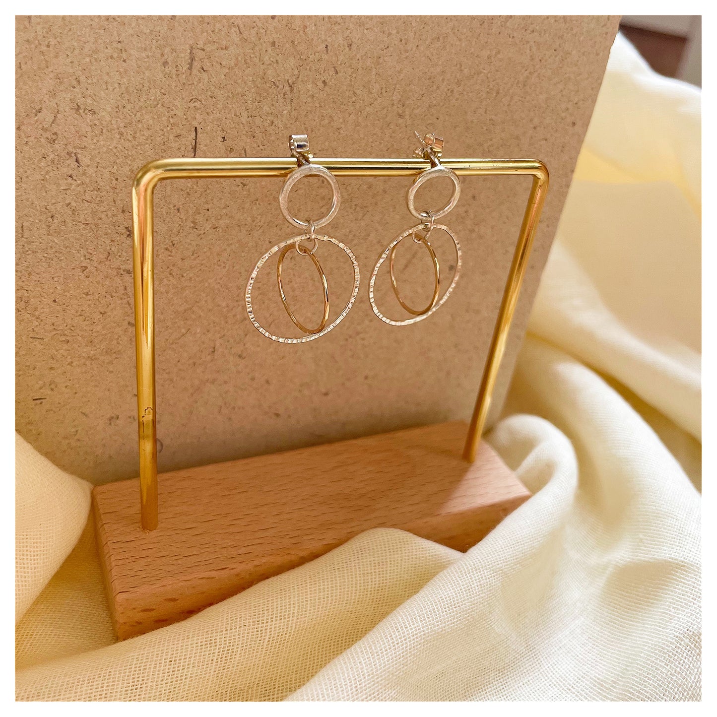 9ct Yellow Gold and Sterling Silver Double Hammered Circle Drop Stud earrings.