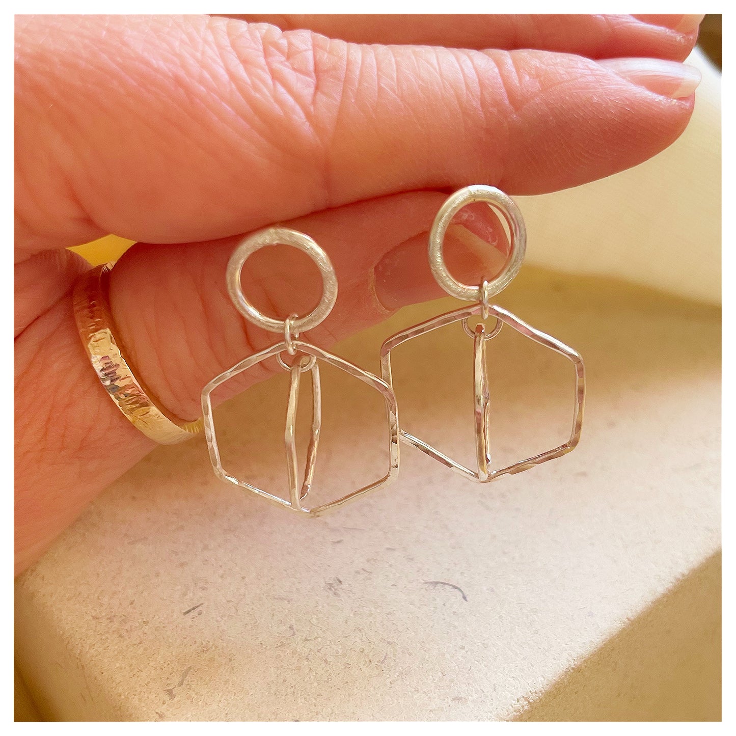 Sterling Silver Double Hexagon drop Stud Earrings.