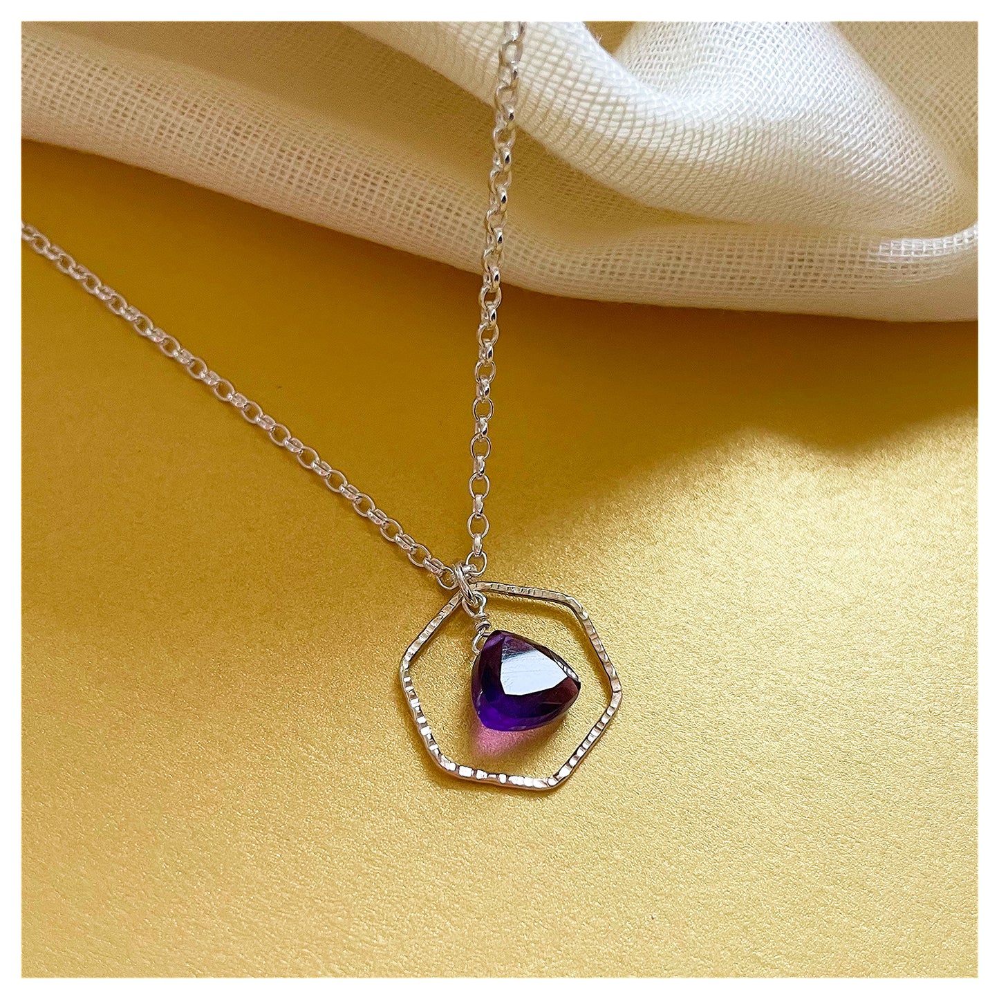 Mini 9ct Yellow Gold Hammered Hexagon Amethyst and Sterling Silver Necklace