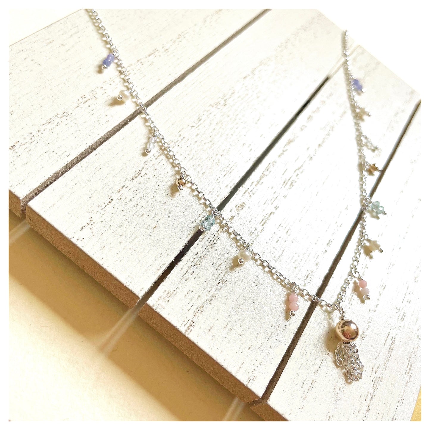 9ct Yellow Gold, Sterling Silver and Pastel Gemstone Mix Beaded Tassel Necklace.