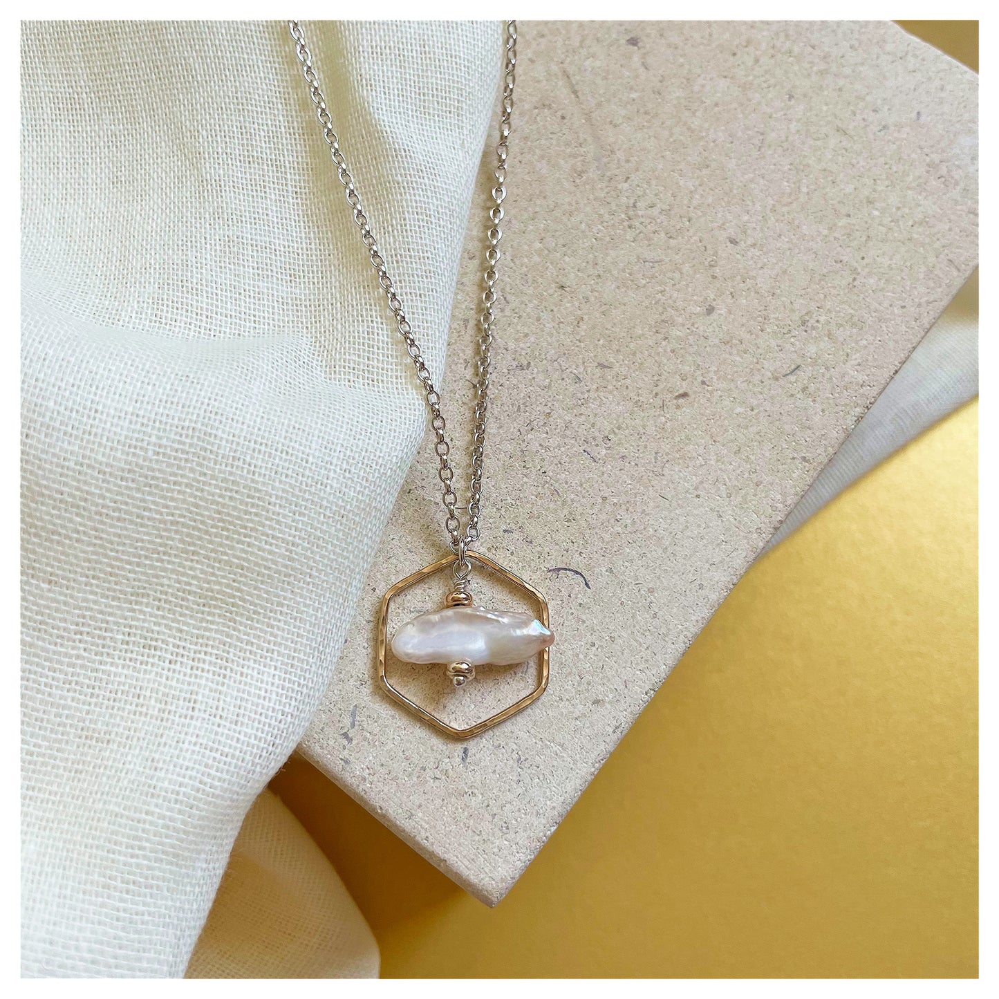 Medium 9ct Yellow Gold Hammered Hexagon, Sterling Silver and pearl Necklace.