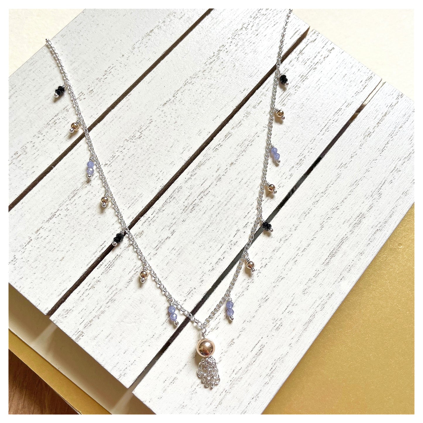 9ct Yellow Gold, Sterling Silver, Tanzanite and Black Spinel Beaded Tassel Necklace.