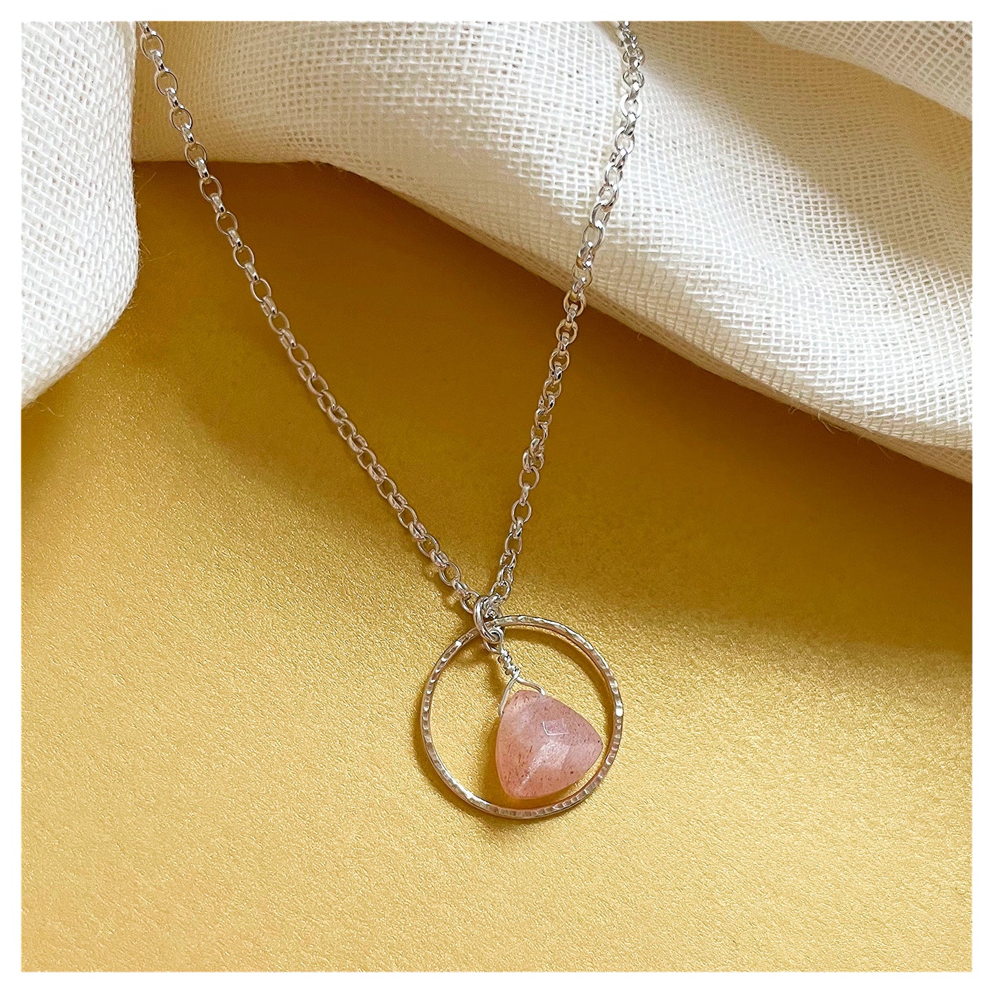 Mini 9ct Yellow Gold and Sterling Silver Hammered Circle and Peach Moonstone Trilliant Broilette Necklace.