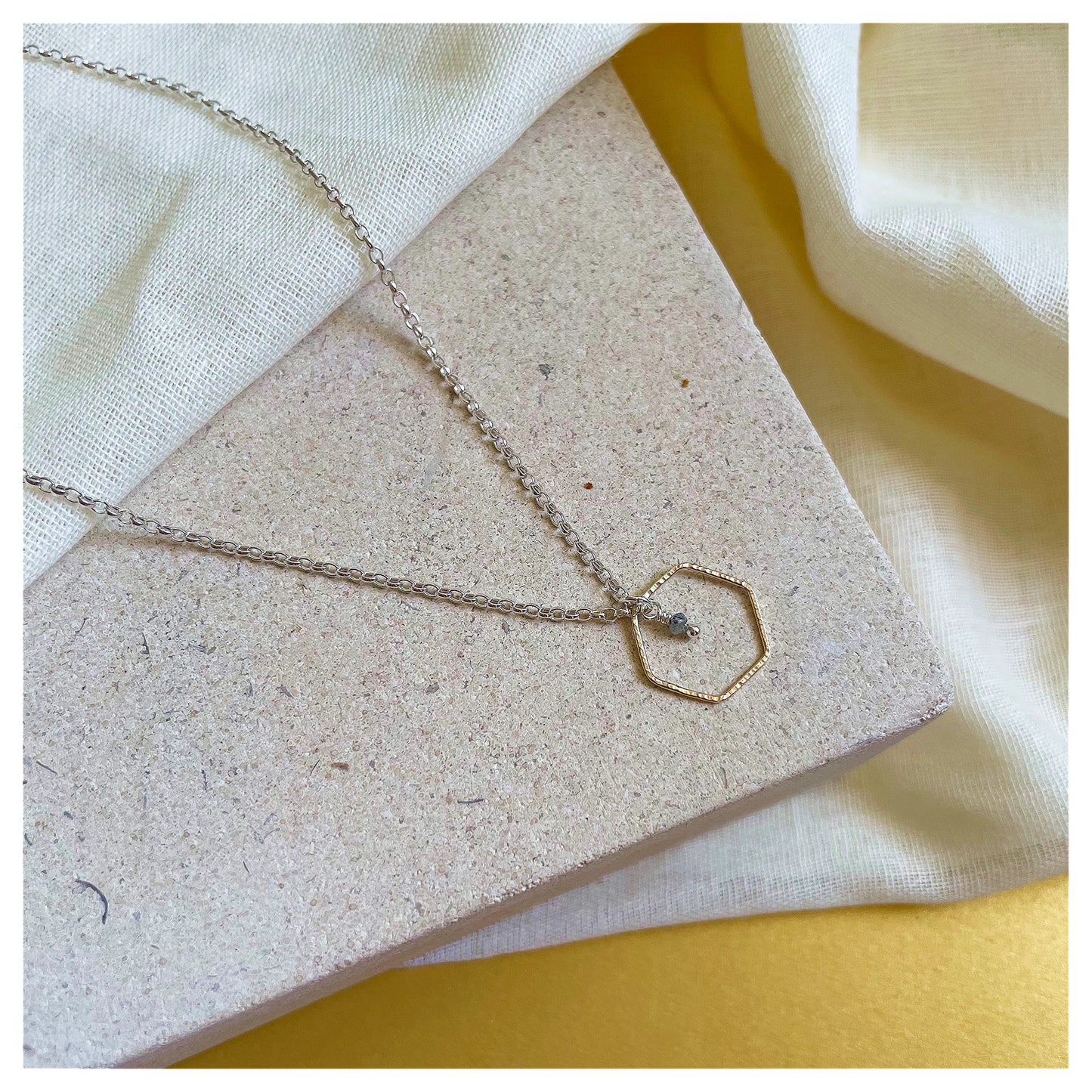 Mini 9ct Yellow Gold Hammered Hexagon, Sterling Silver and  Dark Grey Diamond Bead Necklace.