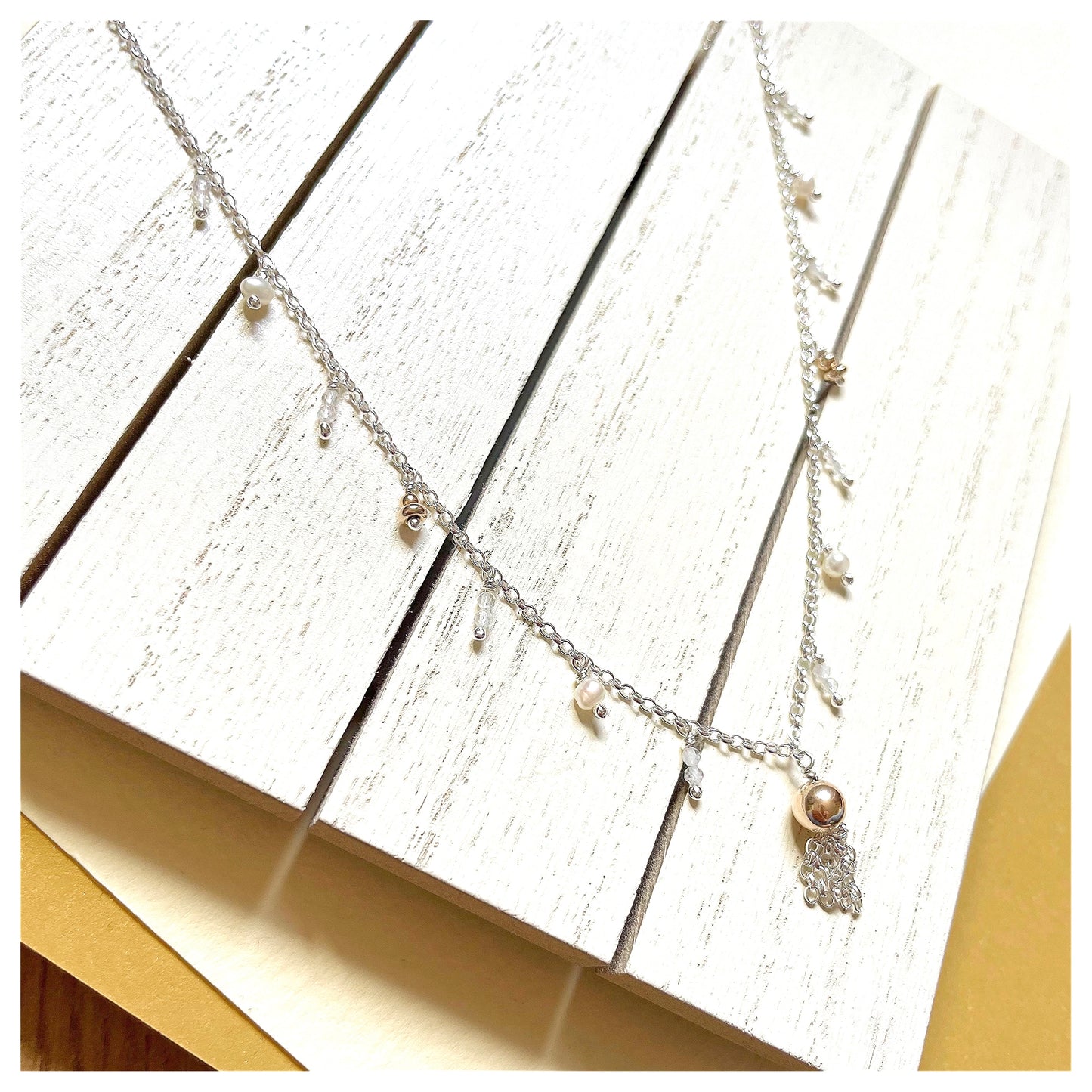 9ct Yellow Gold, Sterling Silver, Freshwater Pearl and White Opal  Beaded Tassel Necklace.